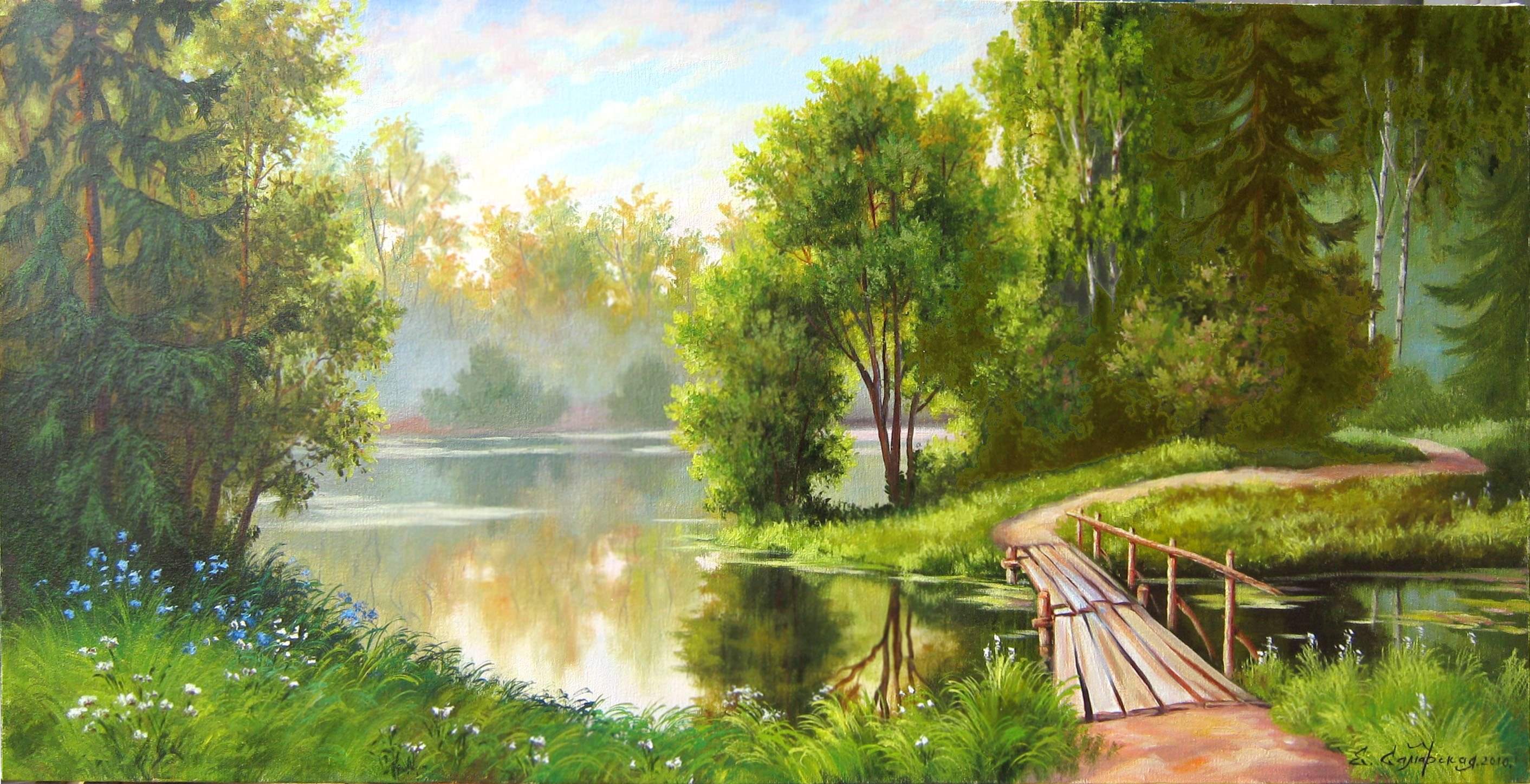 Рисунок леса реки. Пейзаж художника Елены Самарской лето.