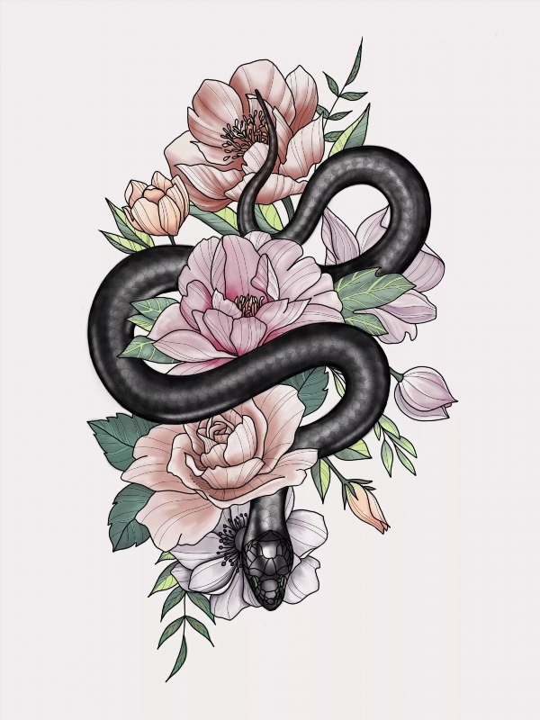 Тату змея и цветы