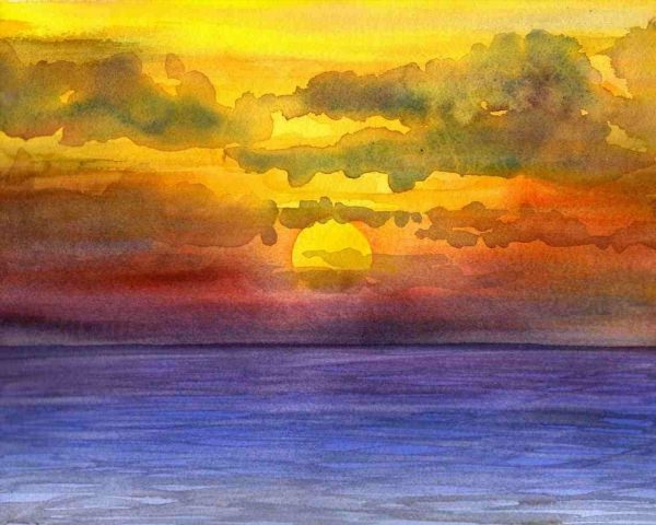Закат на море рисунок акварелью