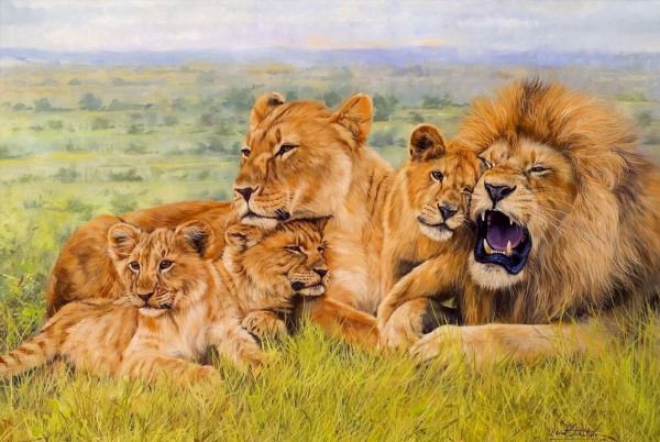 Лев львица и три львенка