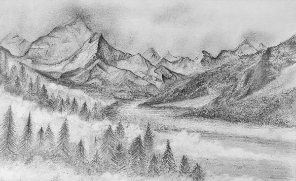 Пейзаж горы рисунок карандашом